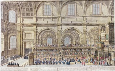 Een Uitzicht op het Koor van de Kathedraal van St. Paul, op de Algemene Dankzegging, 31 december 1706. Hare Majesteit en beide Huizen van het Parlement aanwezig (handgekleurde gravure) door Robert Trevett